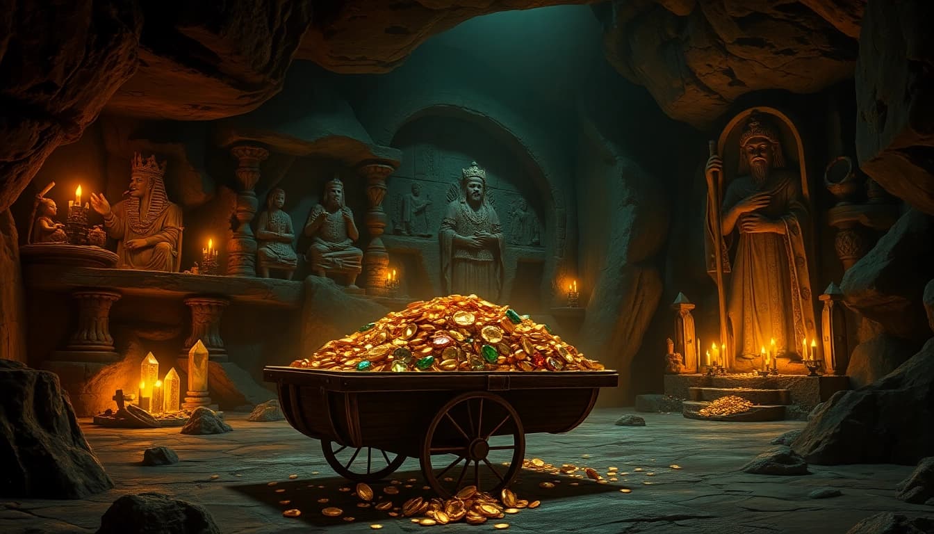 Discover the treasures of King Solomon's Mine, featuring a treasure cart filled with gold and gemstones in a mystical cavern.
