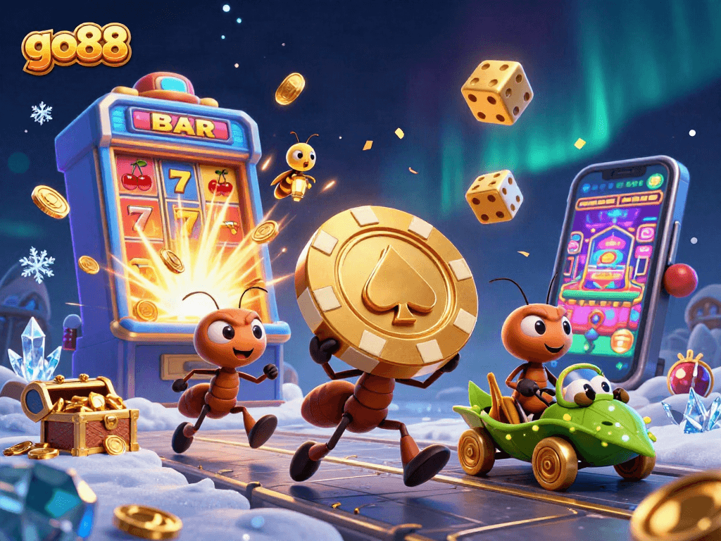 Embark on thrilling adventures with go88 as playful ants capture a massive poker chip in a vibrant casino scene.