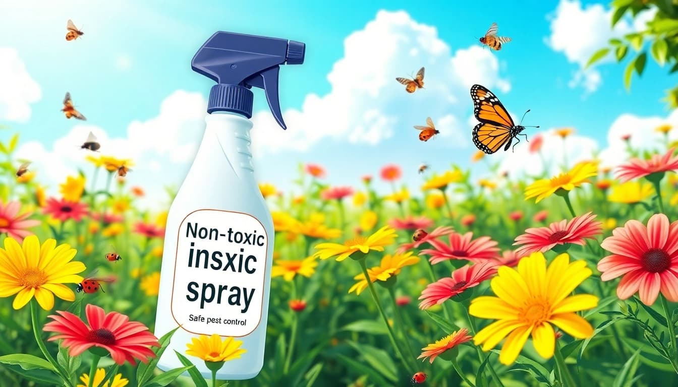 Using non toxic insect spray in a lively garden to protect plants from pests.