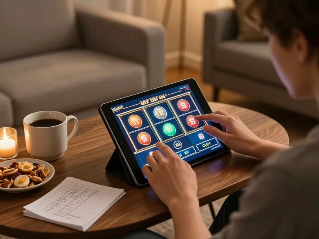 Engaging gameplay on w 88 casino slots displayed on a tablet at home.