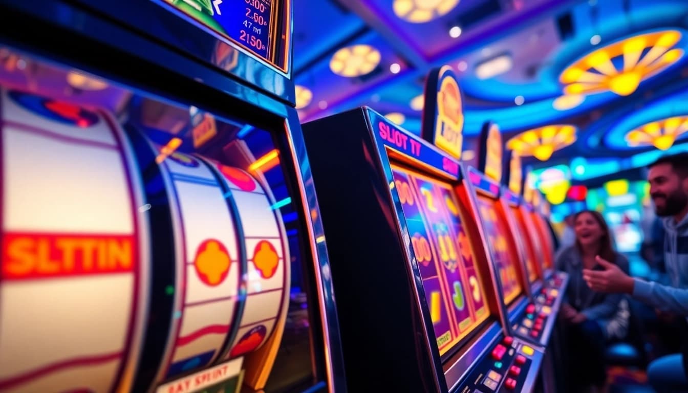 Memenangkan slot online dengan mesin slot berwarna-warni dan pemain yang bersukacita.