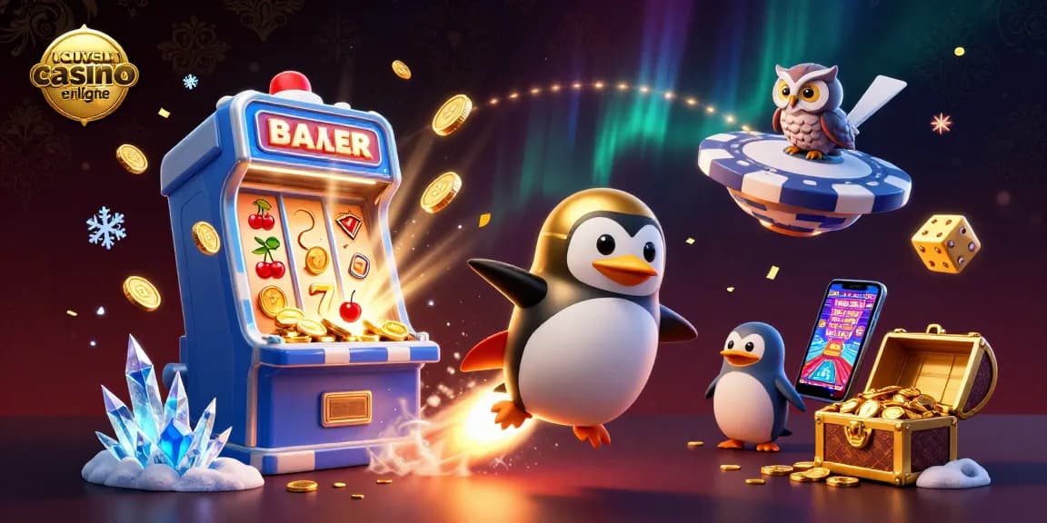 Illustration d'un nouveau casino en ligne avec un pingouin doré et des machines à sous éclatantes.