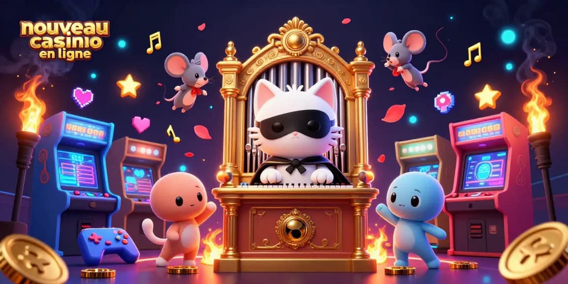 Illustration représentant un nouveau casino en ligne avec un chat fantôme et un acrobate souris entourés de machines à sous colorées.