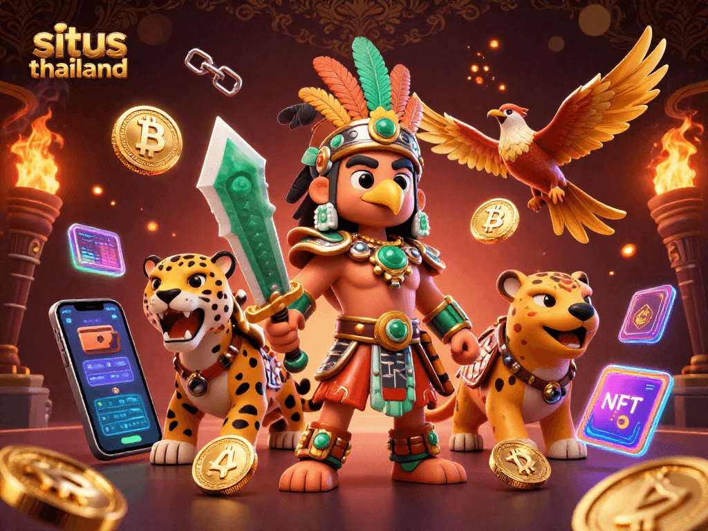 Engage in situs thailand-themed gaming with an Aztec warrior and crypto elements in this vibrant illustration.