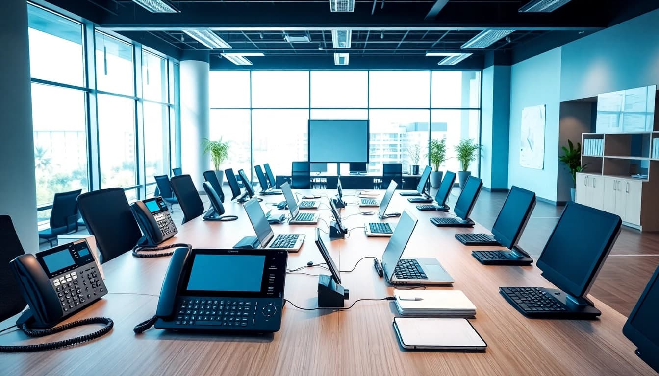 Streamlined office showcasing business phone providers setup with modern devices and vibrant atmosphere.