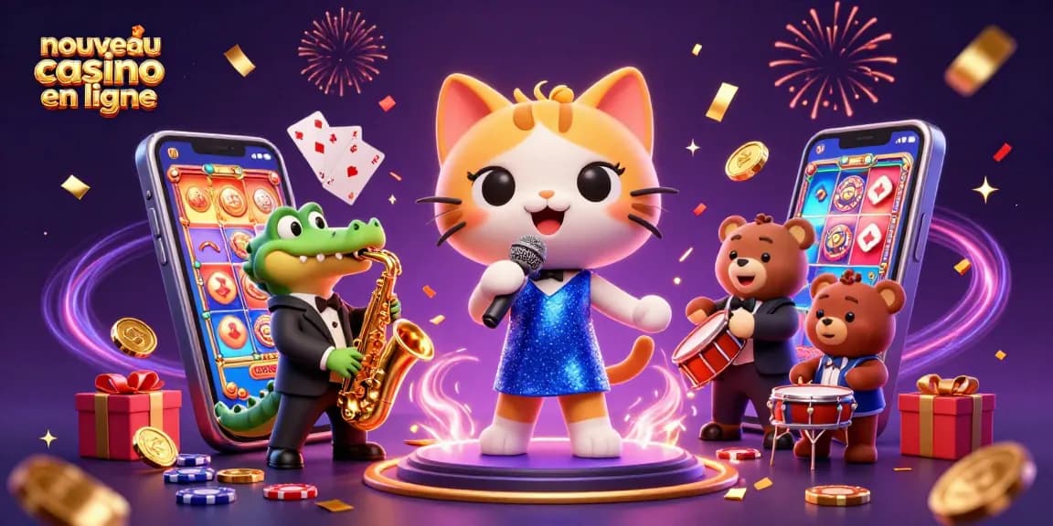 Sympathique scène de casino avec un chat chanteur, un crocodile et un ours, nouveau casino en ligne