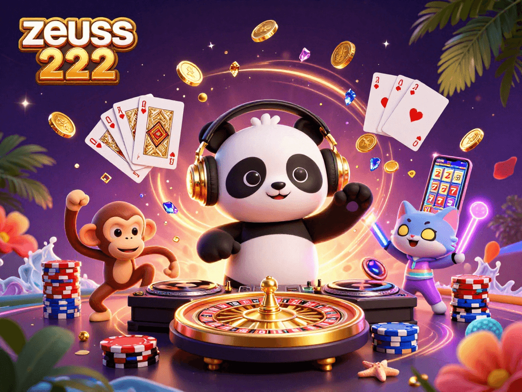 Engage with zeus 222 at the vibrant casino scene featuring a DJ panda, a breakdancing monkey, and a rave kitten.