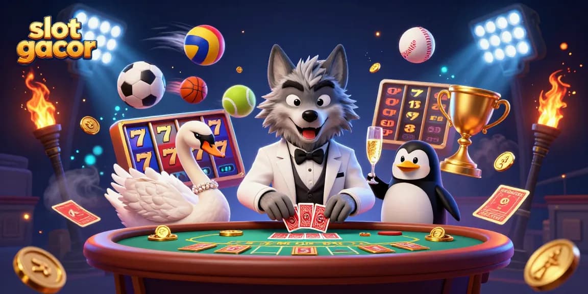 Engaging slot gacor scene with a debonair wolf, elegant swan, and sophisticated penguin amidst dynamic game elements.