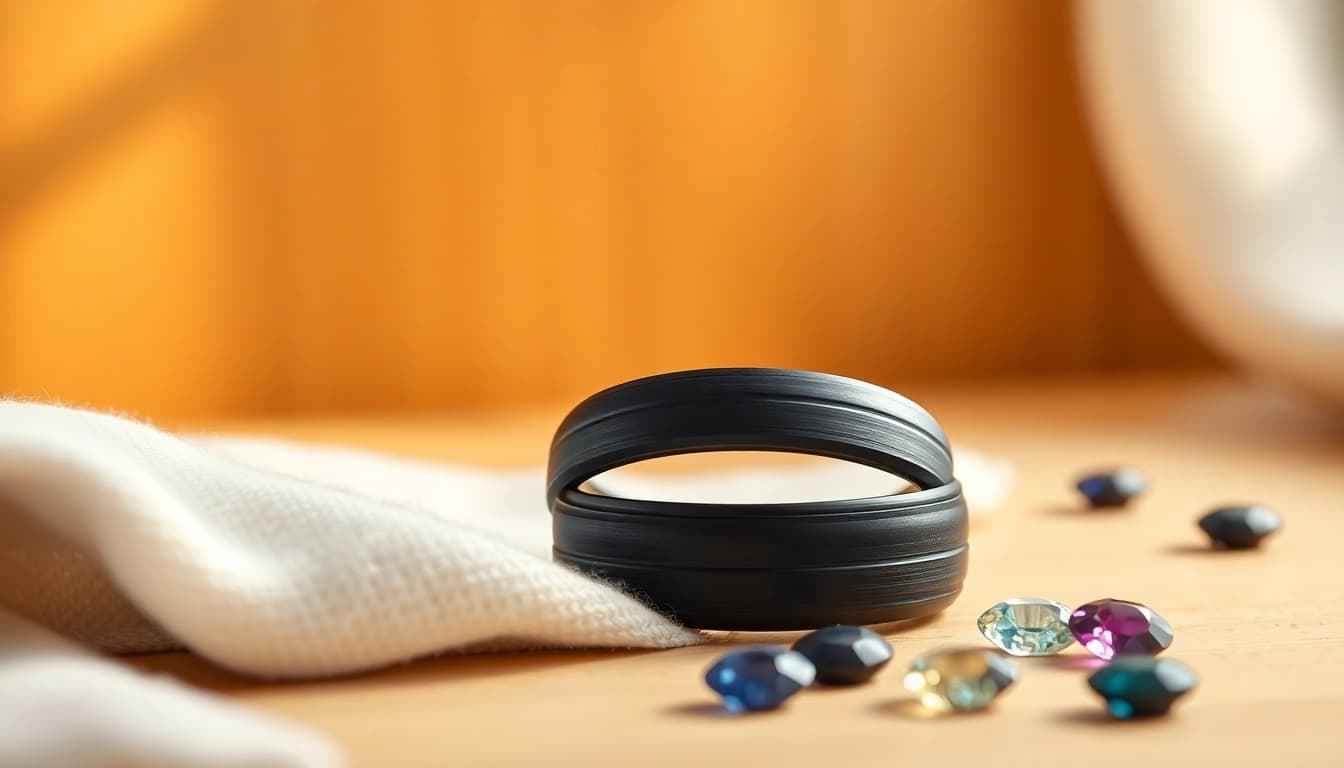 Admiring the intricate design of Black Zirconium Rings showcasing craftsmanship.