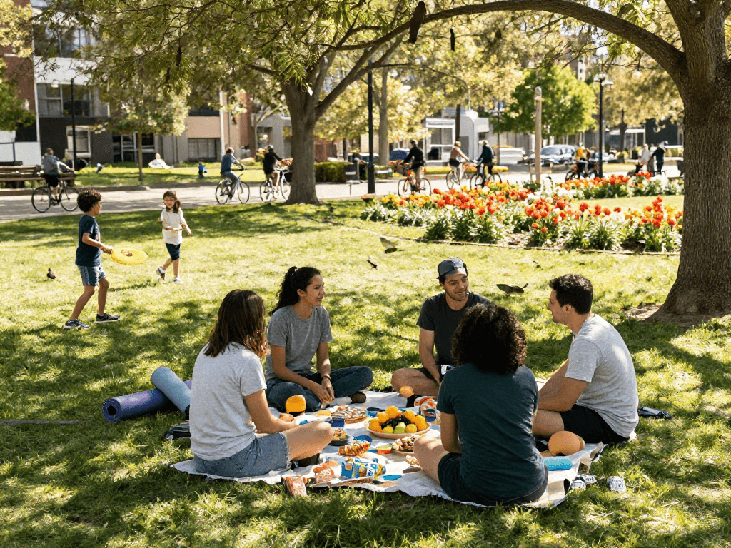 Friends enjoying a picnic at a local park, linked with https://neam.org.uk, promoting community engagement and healthy living.