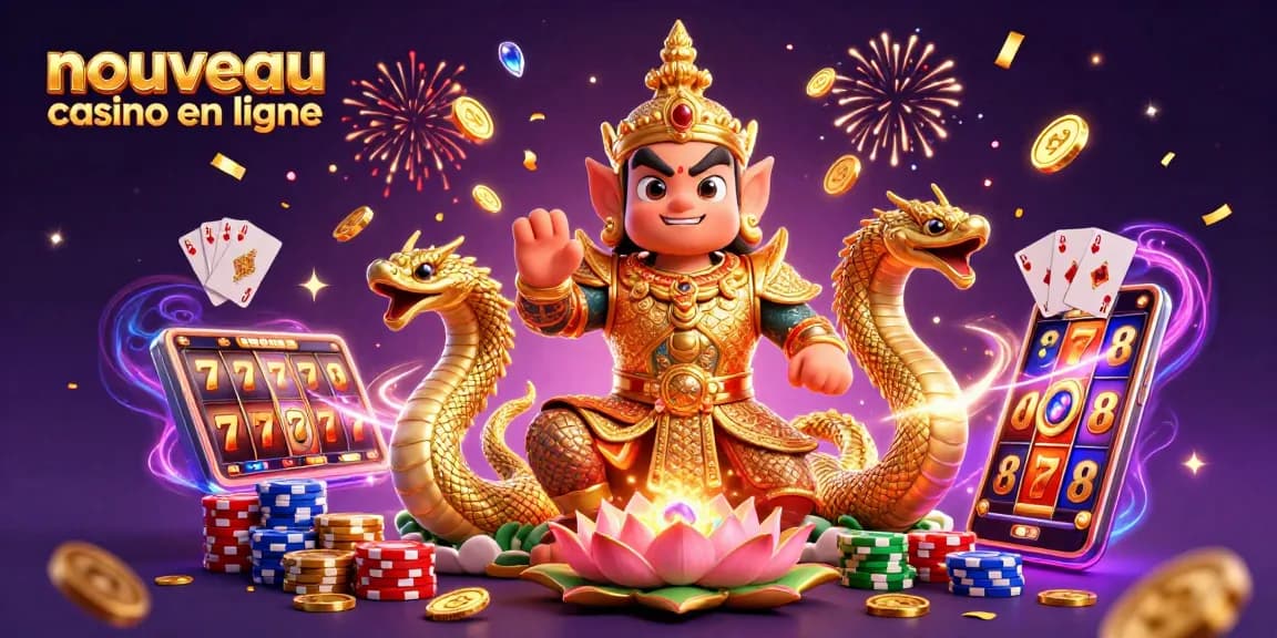 Le jeu au nouveau casino en ligne avec un yaksha, des serpents Naga et des jetons colorés.