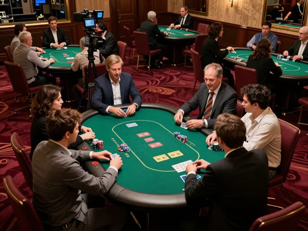 Experience thrilling poker gameplay at 99win's elegant casino floor, showcasing players engaged in strategy.