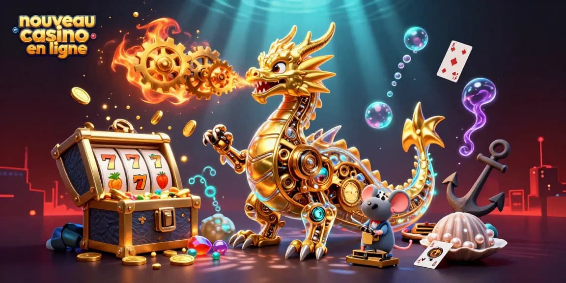 Découvrez un dragon doré et un ingénieur souris dans un décor de nouveau casino en ligne rempli de trésors.