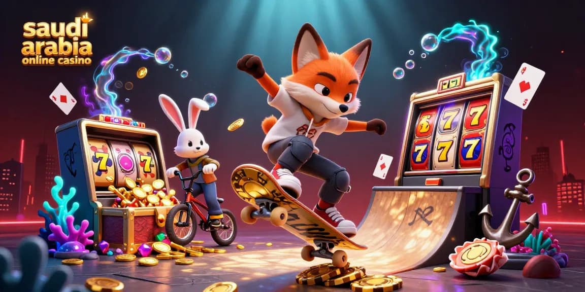 Experience the excitement of saudi arabia online casino with a dynamic 3D skateboarding fox and rabbit amidst lively game elements.
