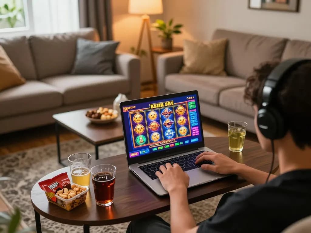 Engaging in slot bet kecil gameplay on a laptop in a cozy home setup.