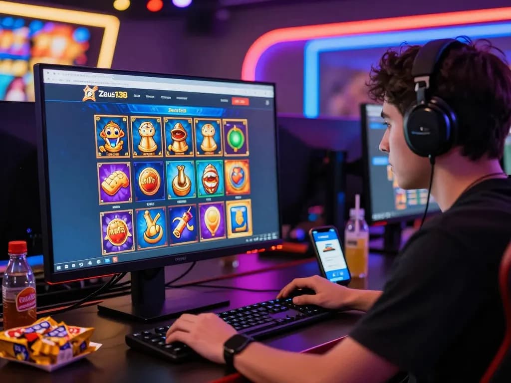 Exciting online gaming experience with Zeus138 logo on screen, player engaged in slot games.