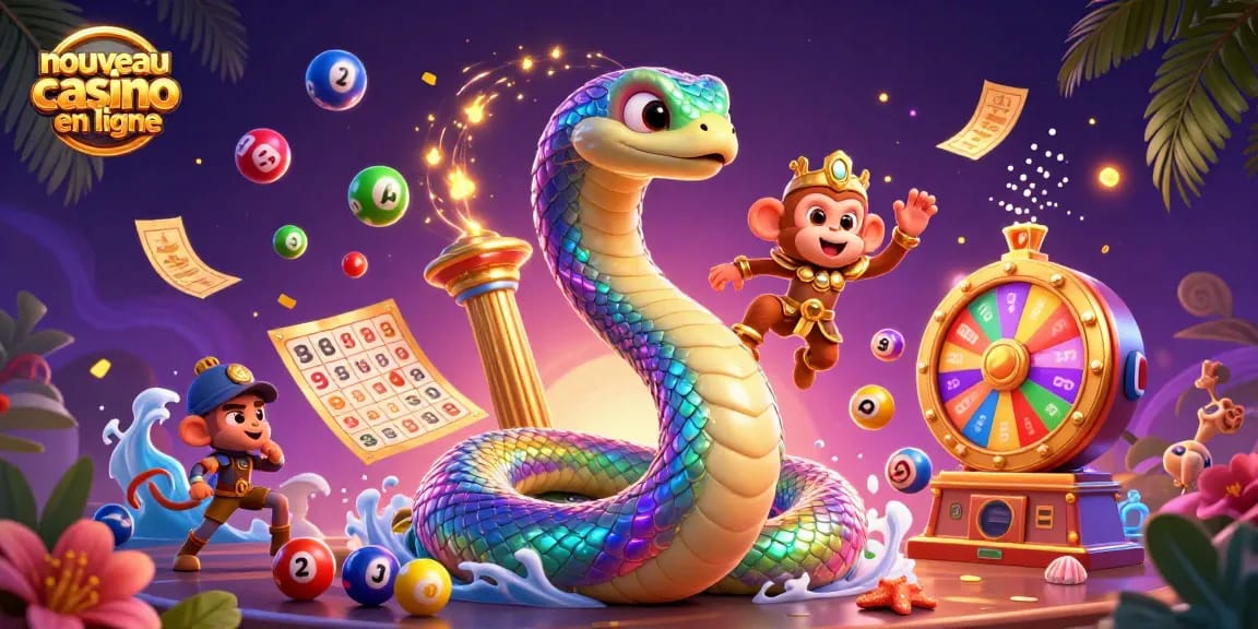 Rejoignez l'excitation des nouveau casino en ligne avec une scène magique remplie de serpents lumineux et de ballons de loterie.