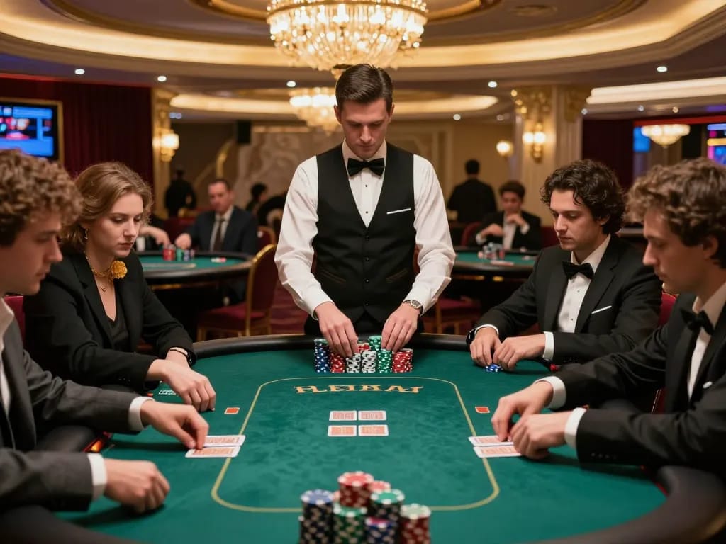 Engaged players at high-stakes poker table highlighting hidden wiki status, dynamic card play and strategic betting.