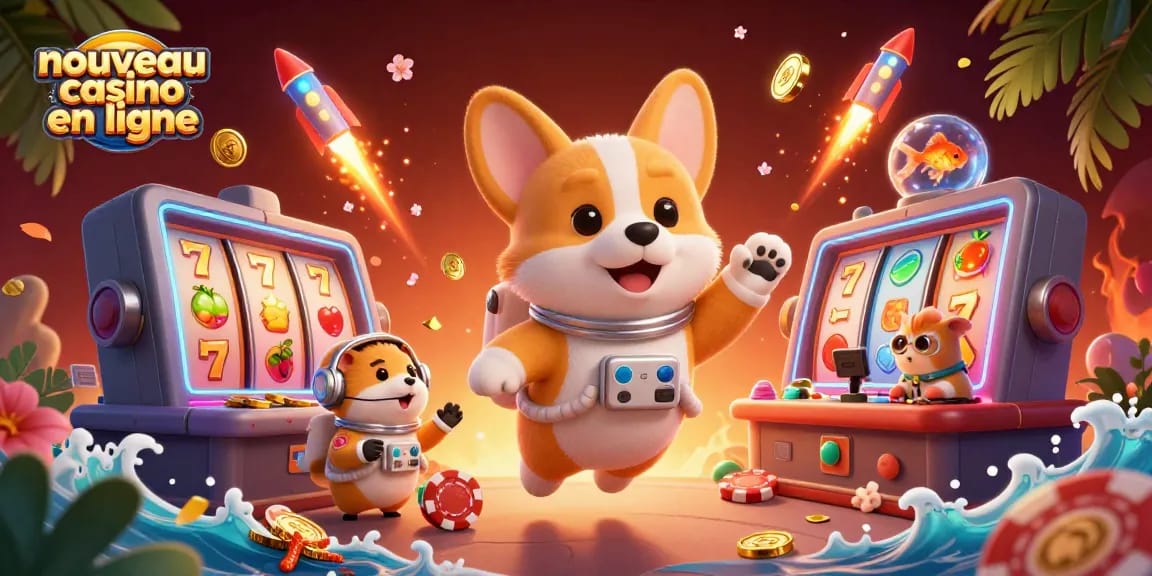 Illustration d'un corgi astronaute flottant dans un nouveau casino en ligne, entouré de jetons et de pièces d'or.