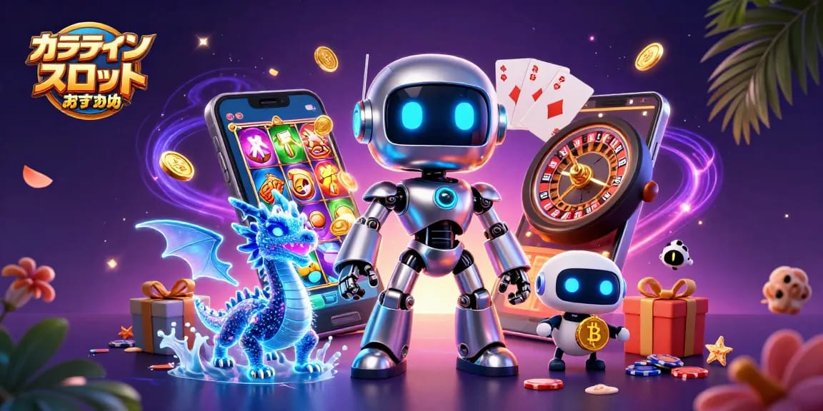 オンラインカジノ スロット おすすめで、魅力的なスロットゲームの世界を楽しむ様子を描いたイラスト