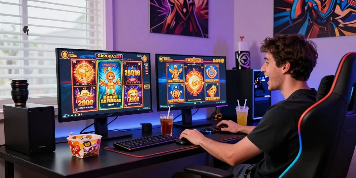 Excited player engaging with slot depo 1000 games on computer, vibrant visuals enhancing the gaming experience.