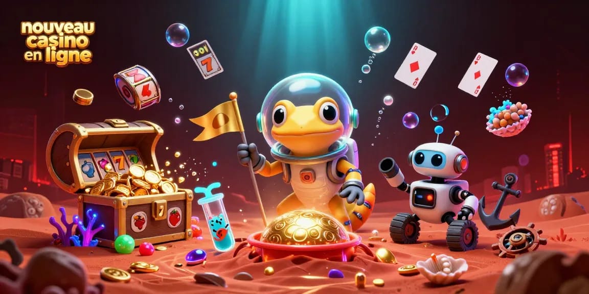 Image d'un nouveau casino en ligne avec un gecko martien découvrant un trésor.