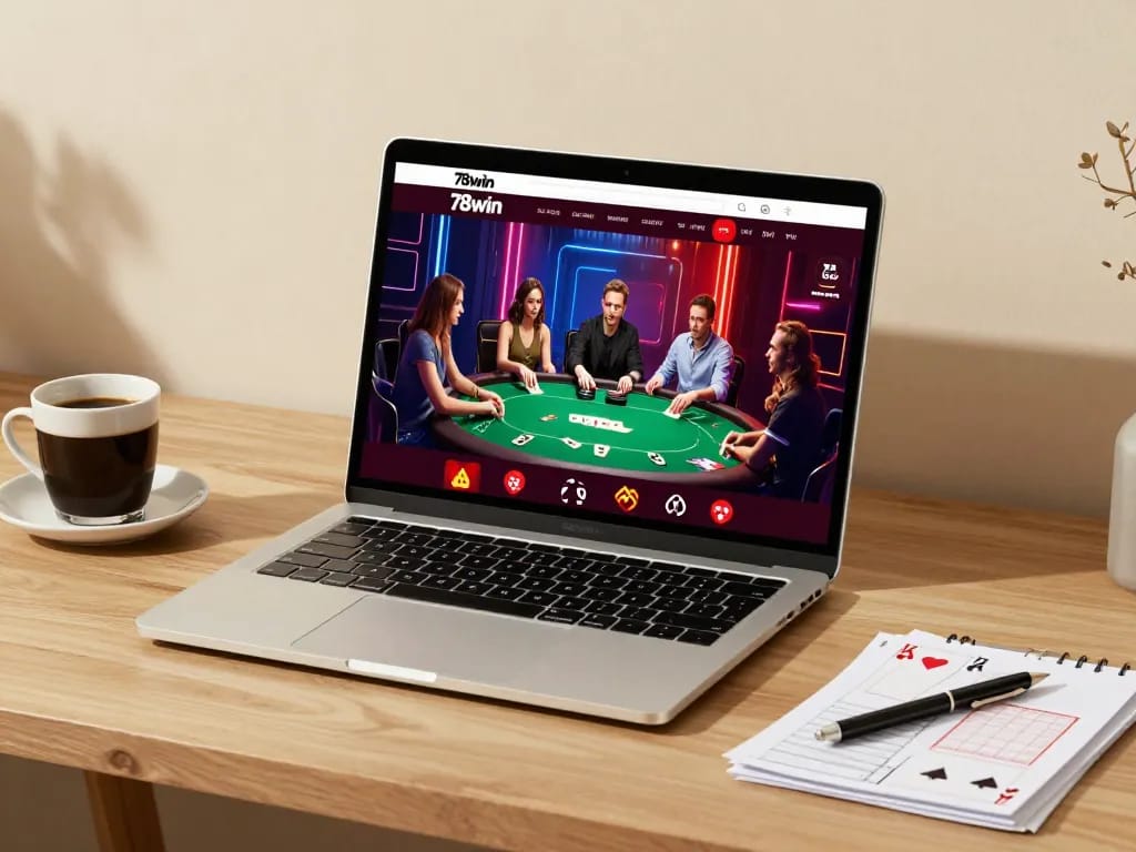 Engaged player strategizing on 78win online casino in cozy gaming setup.