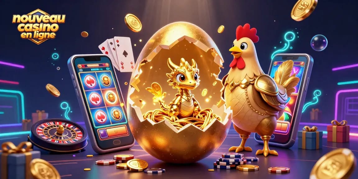 Image colorée et dynamique d'un nouveau casino en ligne avec un dragon doré et des jetons de poker.