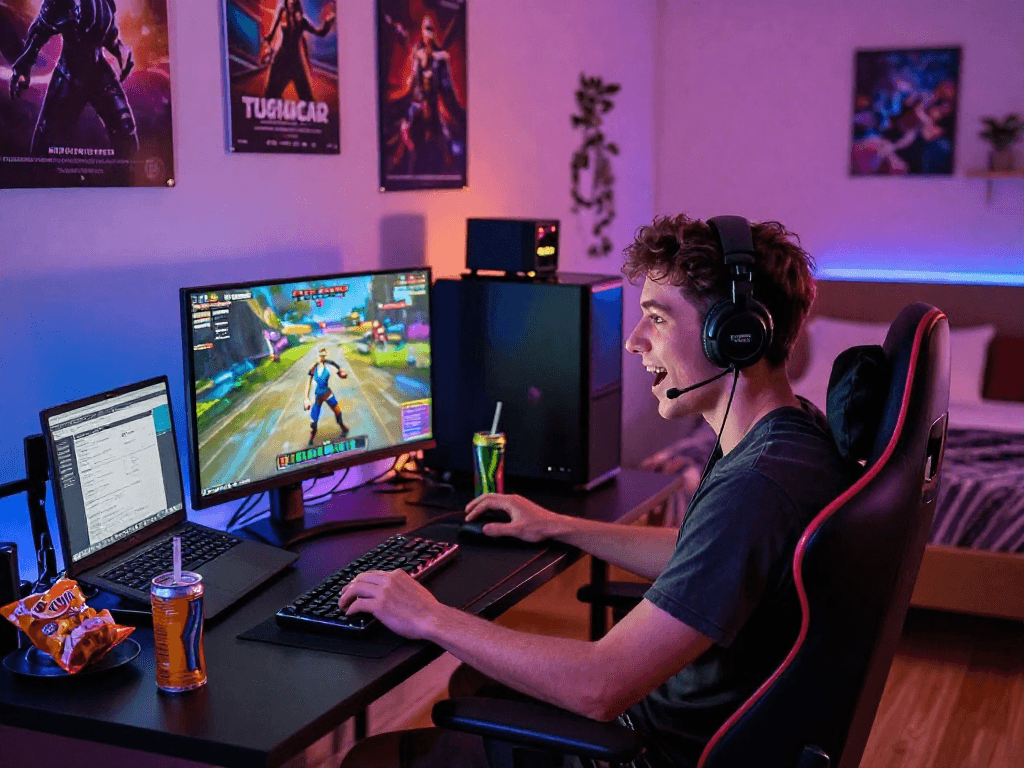 Engaged player enjoying a porngame in a vibrant, cozy gaming setup.