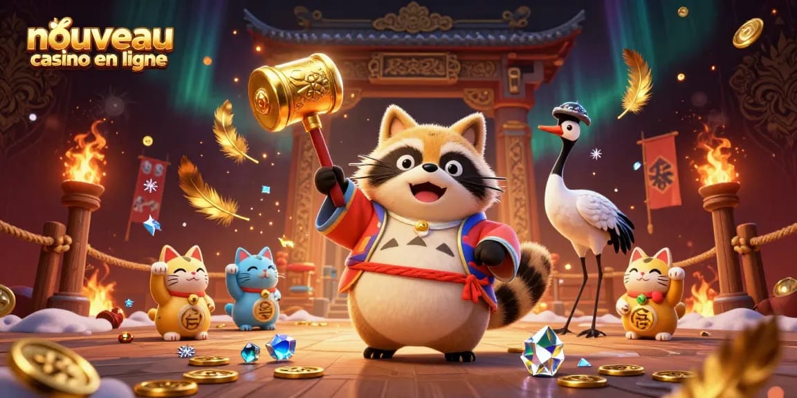 Illustration festive de nouveau casino en ligne avec un tanuki tenant un maillet doré, entouré de chanceux maneki-neko.