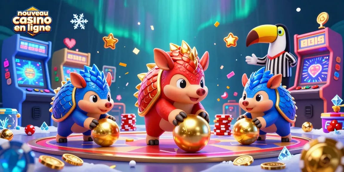 Les pangolins en compétition au nouveau casino en ligne, lançant des boules dorées parmi les jetons de poker.