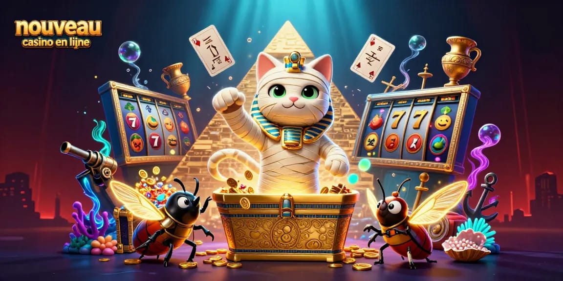 Jouer dans un nouveau casino en ligne avec une illustration d'un chat momie égyptien et des éléments de jackpot