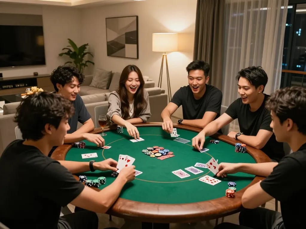 Friends enjoying an exciting poker game at home, showcasing taixiuonline8 strategies and moments of thrill.