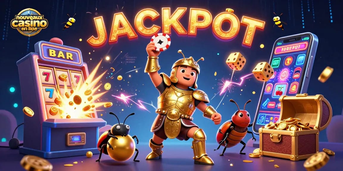 Visuel captivant de nouveaux casinos en ligne illustrant un scarabée en armure dorée levant un jeton de poker, entouré de machines à sous et de symboles de chance.