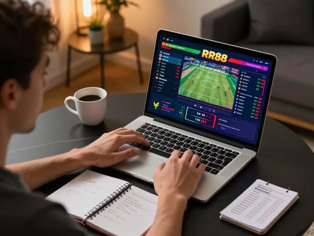 Player placing bets using RR88 online casino app, capturing the thrill of live sports betting.
