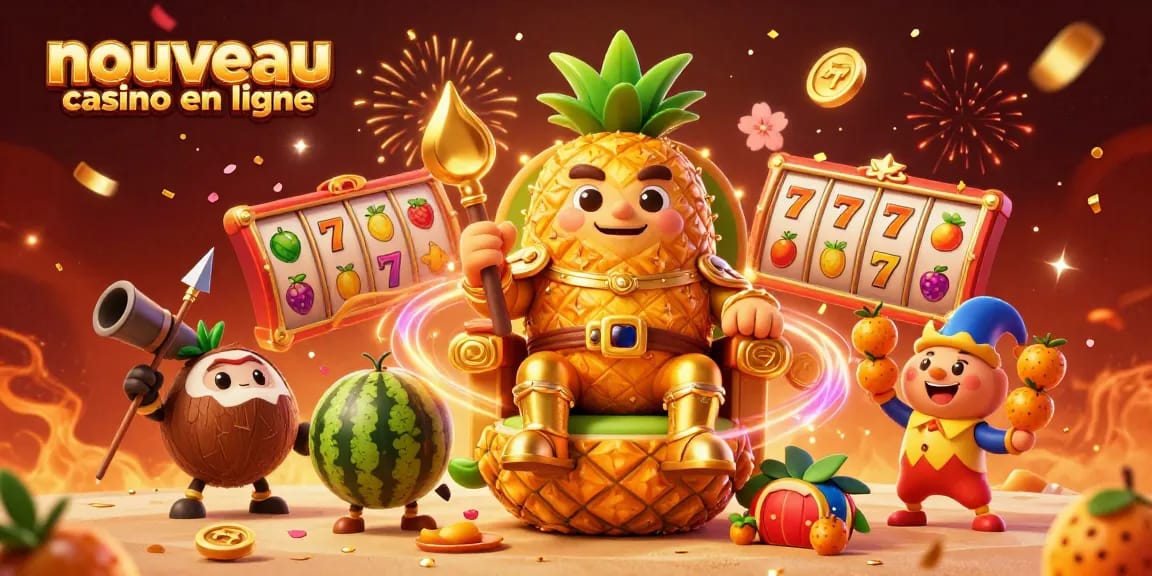 Jouez au nouveau casino en ligne avec le roi ananas et ses joyeux gardes dans une fête colorée.