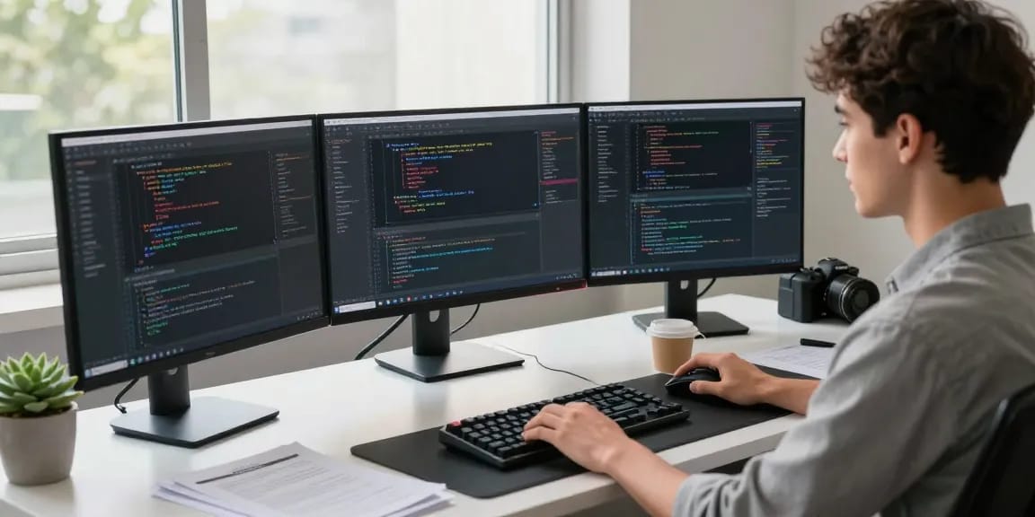 Workspace with multiple monitors showing 纸飞机中文版 applications, highlighting a tech-savvy professional's coding environment.