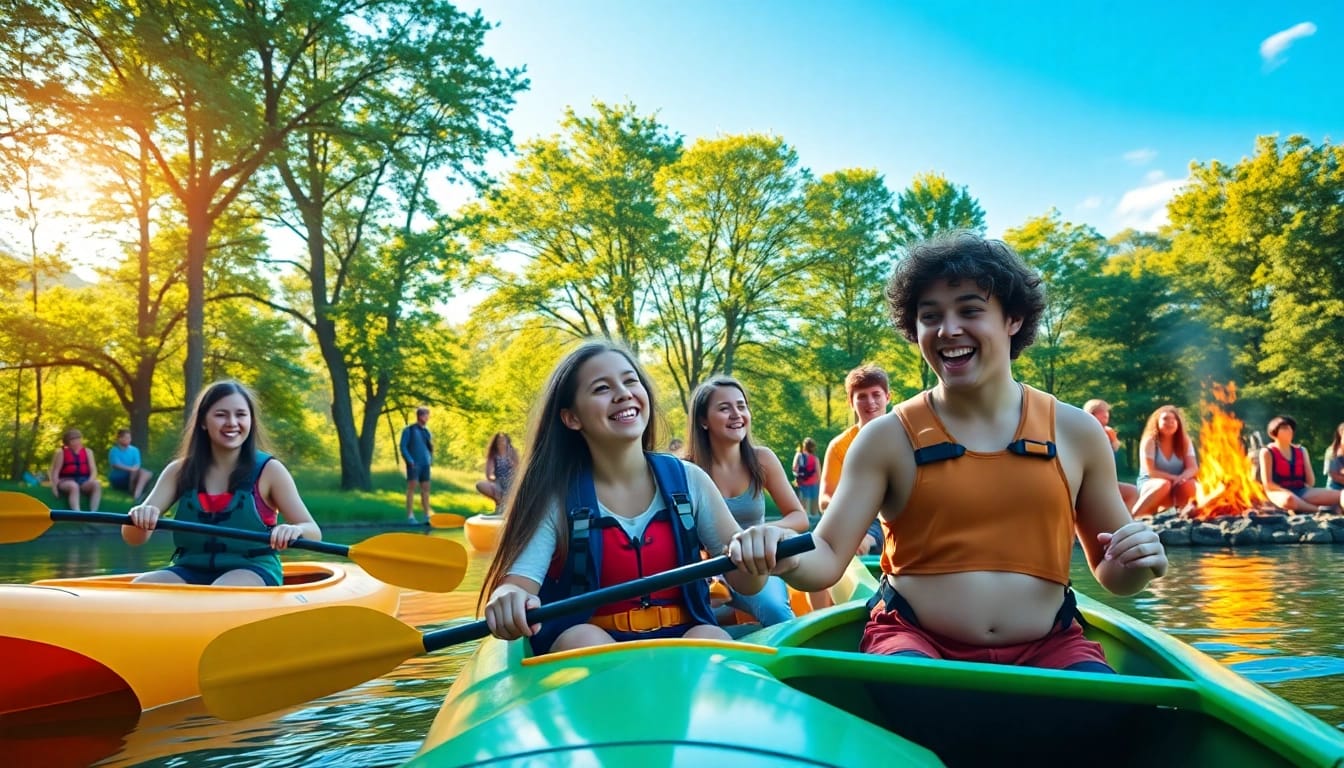 A group of teens enjoying engaging activities at a teen summer camp surrounded by nature.