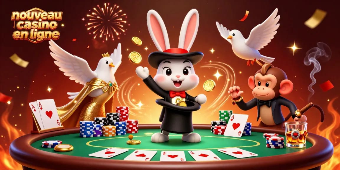 Illustration artistique d'un nouveau casino en ligne mettant en scène un lapin magicien, une colombe et un singe.