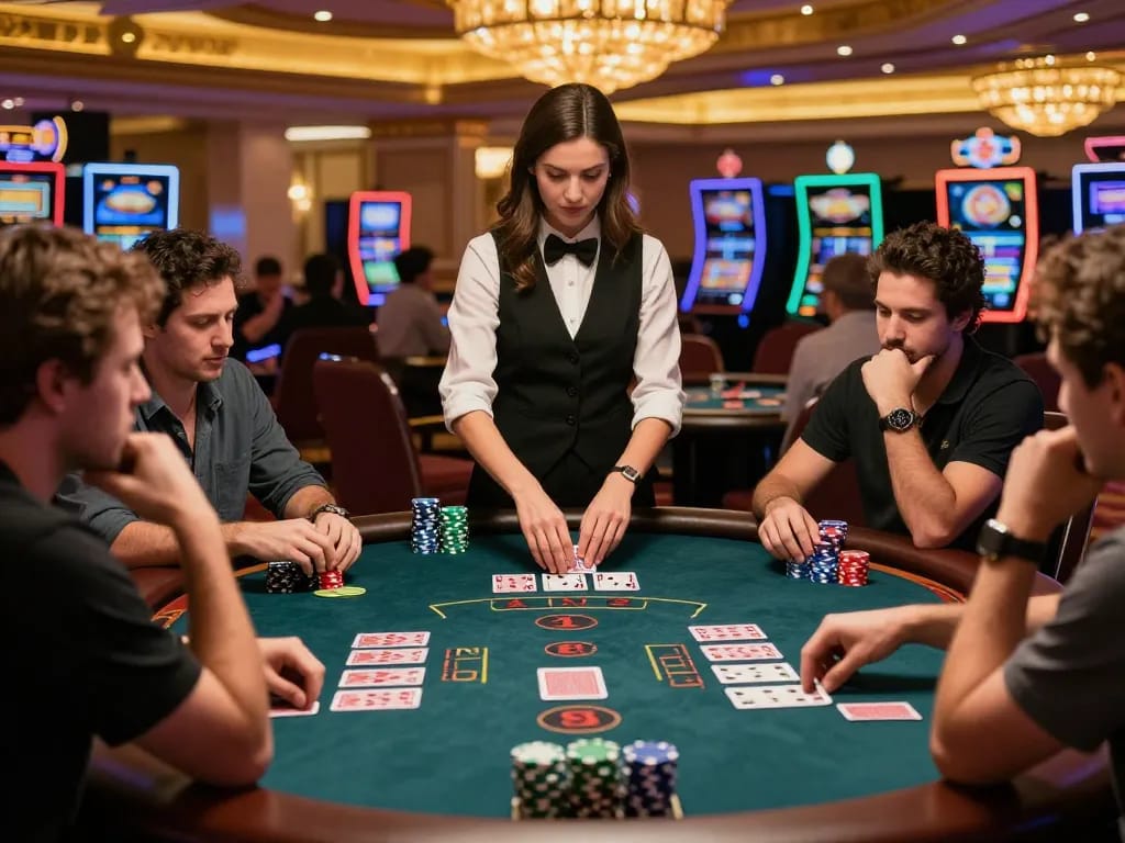 Players engaged in a strategic blackjack game at 33CC casino table under warm lighting, showcasing gambling dynamics