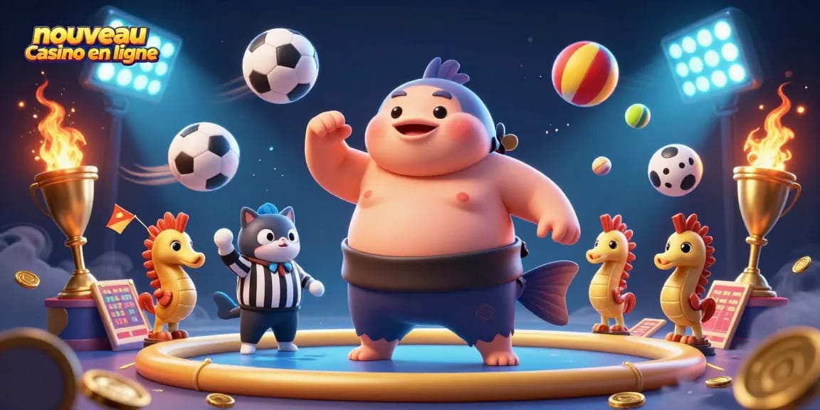 Illustrer le nouveau casino en ligne avec un fugu en sumo, un arbitre poisson-chat et des spectateurs hippocampes.
