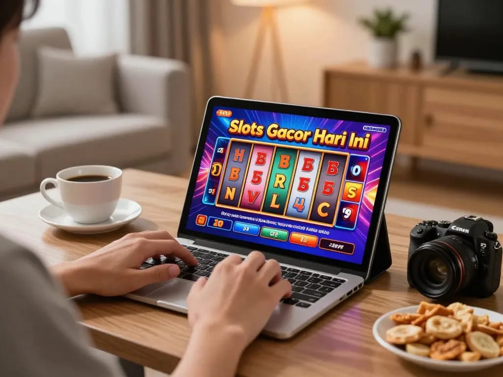 Engaging in online slot gacor hari ini gameplay on a tablet at home, showcasing colorful reel spins.