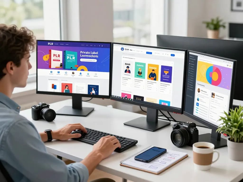 Buy Private Label Rights Products in an engaging e-commerce workspace, showcasing digital products and entrepreneurial activities.