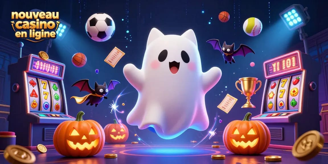 Profitez d'une expérience de jeu immersive avec le nouveau casino en ligne, illustré par un chat fantôme et des éléments de jeu dynamiques.