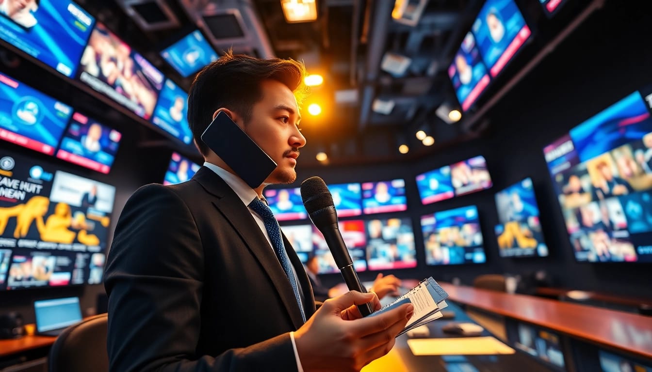 Reporter breaking news in a busy newsroom, highlighting current news.