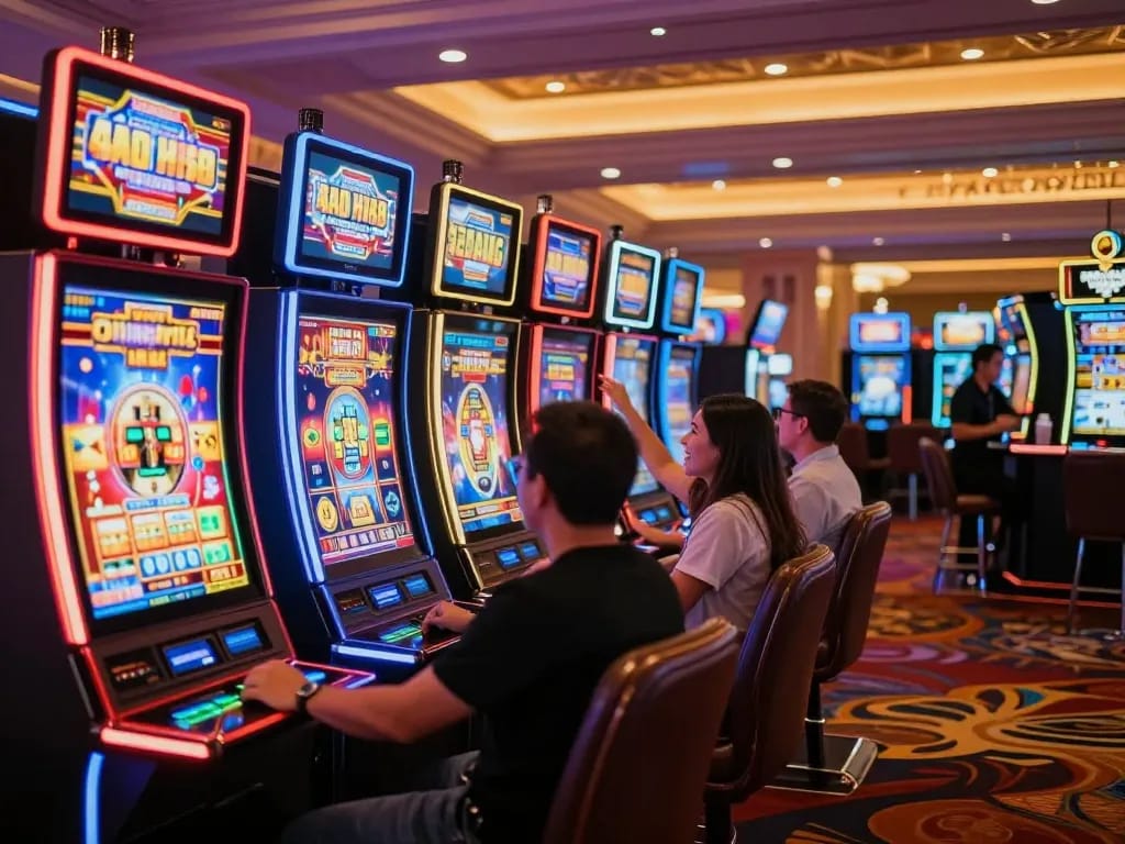 Players enjoying the thrill of situs slot games in a vibrant Las Vegas casino setting with colorful machines.