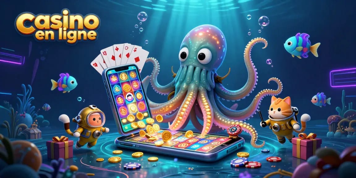 Jouez à des jeux passionnants dans un casino en ligne avec un kraken colossal et des poissons bioluminescents.