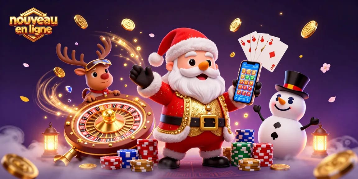 Jouez au nouveau casino en ligne avec le Père Noël et ses compagnons dans une illustration 3D colorée.