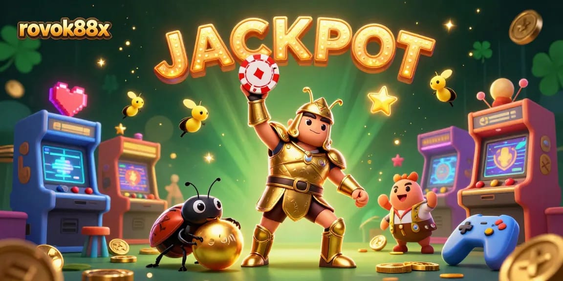Join the excitement of rokok88x with a vibrant 3D illustration featuring a triumphant beetle lifting a poker chip in a casino.