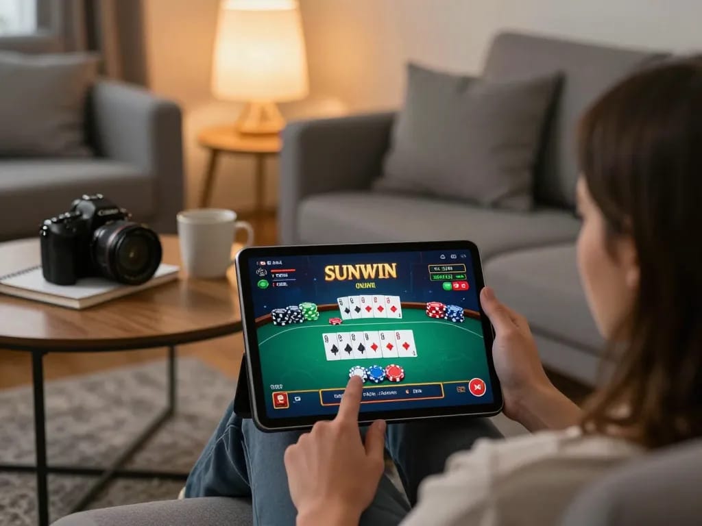 Engaging scene of online gambling on SUNWIN with a player on a cozy sofa, showcasing a poker game on a tablet.